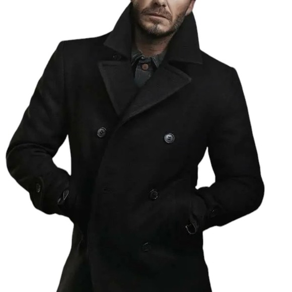 NWT Guess Black Wool-blend Double-breasted Front Pockets Pea Coat Size XL - Picture 1 of 13